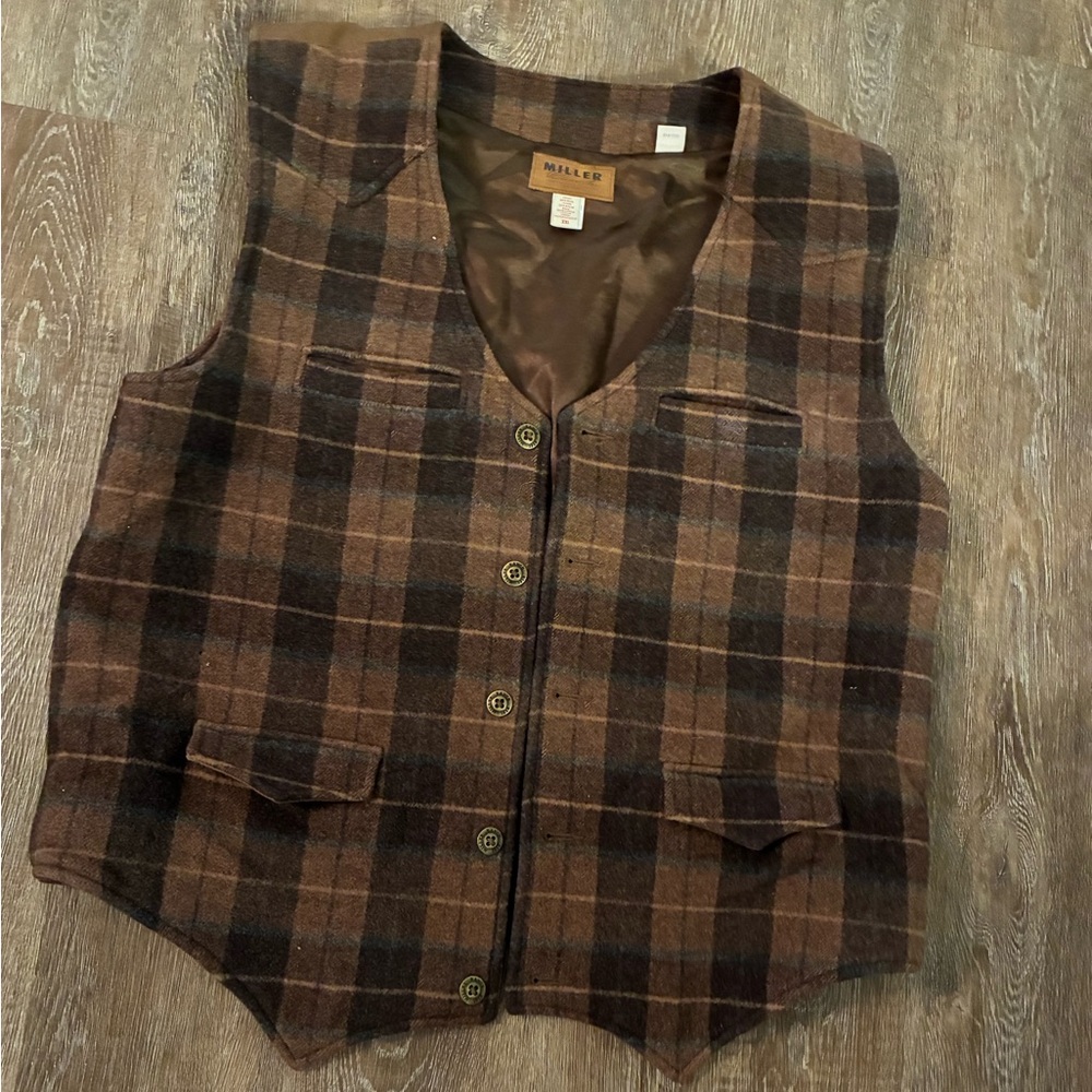 Miller Ranch Wool Vest XXL Brown Plaid Western Cowboy Button Front